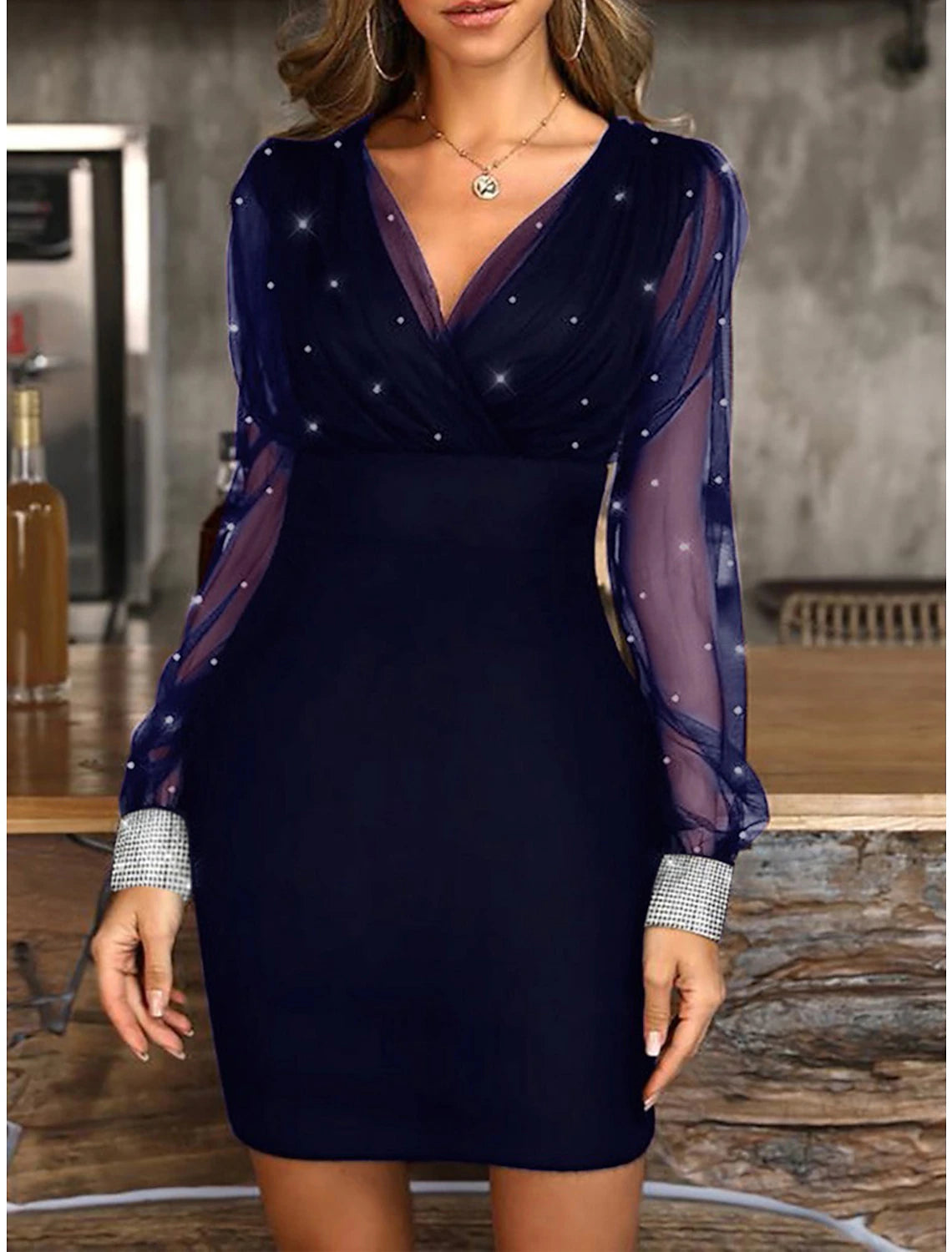 Abito da festa di Natale da donna, abito da ballo, abito da cocktail, abito corto aderente, nero, blu, manica lunga, colore puro, arricciato, autunno, inverno, scollo a V, moda, vacanza